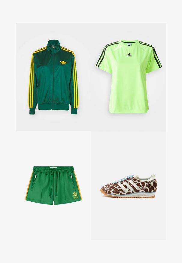 Veste de survêtement en satin vert, fermeture éclair devant, col haut, design à trois rayures jaunes sur les manches, et un petit logo jaune sur la poitrine.; T-shirt de sport vert fluo en tissu évacuant l'humidité. Comprend un design à trois rayures noires sur les épaules et un logo centré sur la poitrine.; Shorts de sport verts avec des bandes jaunes sur les côtés, taille élastique avec cordon, poches zippées et un logo jaune sur la jambe gauche.; Baskets marron et blanches à motif girafe, lacets bleu clair, bandes blanches et semelle gomme, orientées vers la gauche sur fond blanc.