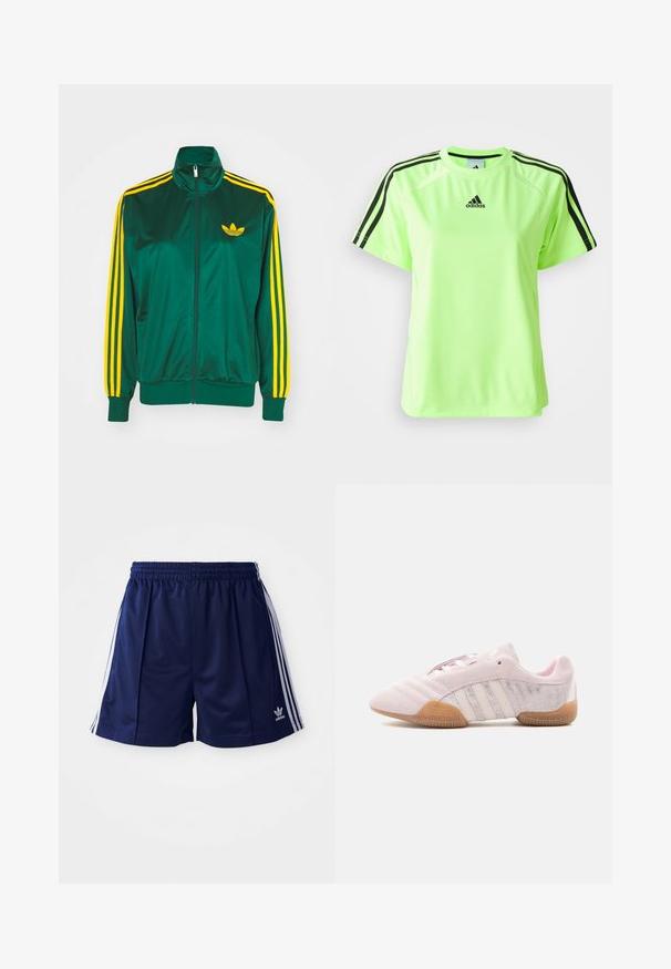 Grüne Satin-Trainingsjacke, mit Reißverschluss vorne, hohem Kragen, gelbem Drei-Streifen-Design an den Ärmeln und kleinem gelben Logo auf der Brust.; Neon-grünes Sport-T-Shirt aus feuchtigkeitsableitendem Material. Mit schwarzem Dreistreifen-Design auf den Schultern und Logo in der Mitte der Brust.; Marinefarbene Sportshorts aus leichtem Material, mit weißen Seitenstreifen und einem gestickten Logo unten links. Elastischer Bund.; Hellrosa Wildleder-Sneaker mit weißen Streifen, Gummisohle und strukturierten Seitenteilen, von der Innenseite auf weißem Hintergrund gezeigt.