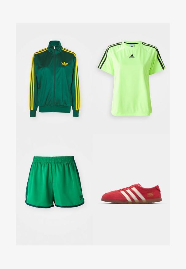 Chaqueta de pista satinada verde, con cremallera en la parte delantera, alto cuello, diseño de tres rayas amarillas en las mangas y un pequeño logo amarillo en el pecho.; Camiseta deportiva de color verde neón, fabricada con tejido que absorbe la humedad. Presenta un diseño de tres rayas negras en los hombros y un logo centrado en el pecho.; Pantalones cortos deportivos verdes con una textura suave, cinturilla elástica y acentos laterales en verde oscuro. Presentan el logo de Adidas en el dobladillo inferior.; Zapatilla de ante roja con diseño de tres rayas blancas, suela plana y detalle de logo dorado. Diseño bajo con punta redonda y cierre con cordones.