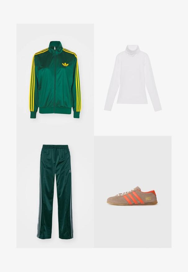 Grøn satin trackjakke, lynlåsfortil, høj krave, gul tre-stripes design på ærmerne og et lille gult logo på brystet.; Hvid langærmet turtle-neck top lavet af glat, strækbart stof. Har en høj krave og tætsiddende design, uden synlige mønstre eller udsmykninger.; Mørkegrønne træningsbukser lavet af skinnende materiale, med sidelister i lys grå og et broderet logo på venstre ben.; Brune ruskinds sneakers med tre klare orange striber, snørebånd foran og gyldent "Gazelle" branding på siden. Flad gummi sål.