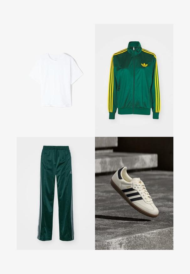 Chaqueta de pista satinada verde, con cremallera en la parte delantera, alto cuello, diseño de tres rayas amarillas en las mangas y un pequeño logo amarillo en el pecho.; Camiseta blanca lisa de algodón con manga corta y cuello redondo, presentada plana sobre un fondo blanco.; Pantalones deportivos de color verde oscuro, hechos de un material brillante, con franjas laterales en gris claro y un logotipo bordado en la pierna izquierda.; Zapatilla blanca Adidas Samba con franjas negras y suela de goma, flotando sobre escalones de hormigón gris texturizado.