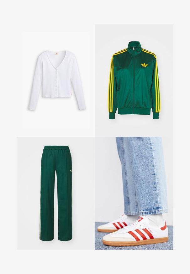Chaqueta de pista satinada verde, con cremallera en la parte delantera, alto cuello, diseño de tres rayas amarillas en las mangas y un pequeño logo amarillo en el pecho.; Camisa de manga larga blanca de canalé con escote en V, cierre de botones en la parte delantera y dobladillo recto. Presenta una pequeña etiqueta de la marca en el lado inferior.; Pantalones deportivos de color verde oscuro con un corte relajado, que cuentan con una cintura con cordón, bolsillos laterales y franjas color crema a lo largo de los costados.; Zapatillas de cuero blancas con rayas y detalles rojos. Cuentan con una suela de goma texturizada y un collar acolchado. Llevadas con denim azul claro.