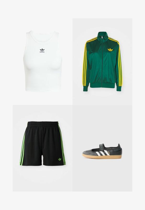 Roheline satiinist spordijakk, lukuga ees, kõrge kaelus, kollased kolm triipu disainis varrukatel ning väike kollane logo rinnal.; Valge puuvillane tank top, millel on vormiv ribatud tekstuur, ümmargune kaelus ja ees must õmmeldud Adidas logo.; Mustad mustrised šortid jalgrattasõiduks, millel on nööriga vöö, millel on kummagi külje peal kolm vertikaalset roheline triipu ja Adidas logo rohelises värvuses.; Mustmust ja sametist sneaker, millel on Velcro rihm, kolm valget triipu ja kummi tallad, küljel on silt "SAMBA".
