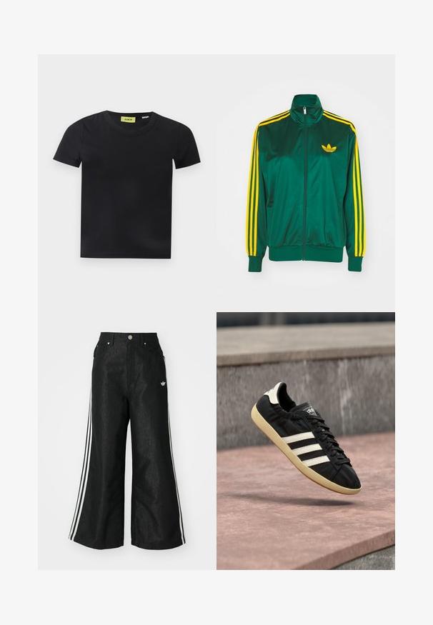 Chaqueta de pista satinada verde, con cremallera en la parte delantera, alto cuello, diseño de tres rayas amarillas en las mangas y un pequeño logo amarillo en el pecho.; Camiseta negra de manga corta y cuello redondo con una etiqueta amarilla dentro del cuello con la inscripción "JJXX" sobre un fondo blanco.; Pantalones de denim anchos y negros con tres franjas blancas en cada lado y un pequeño logo blanco. Cuenta con bolsillos frontales y un cierre de botón.; Zapatilla negra Adidas con rayas blancas y suela beige, capturada en el aire sobre una superficie de piedra y con fondo de muro de piedra.