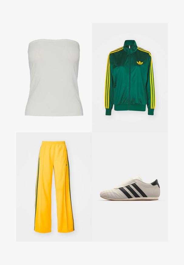 Chaqueta de pista satinada verde, con cremallera en la parte delantera, alto cuello, diseño de tres rayas amarillas en las mangas y un pequeño logo amarillo en el pecho.; Top sin tirantes de tela beige claro, diseño ajustado con una textura suave, bordes sin costuras y sin patrones ni detalles de hardware visibles.; Pantalones deportivos amarillos de pierna ancha, con stripes verdes en los laterales y un pequeño logo en la cadera izquierda. Cintura elástica para mayor comodidad.; Zapatilla gris claro con rayas negras, puntera redondeada, parte superior de piel suave, cierre de tira de Velcro y suela de goma.