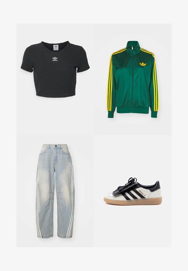 Groene satijnen trainingsjack, met rits aan de voorkant, hoge kraag, gele drie-strepen design op de mouwen en een klein geel logo op de borst.; Zwart cropped t-shirt van katoen, met een ronde hals en korte mouwen. In het midden bevindt zich een witte geborduurde Adidas-logo.; Lichtblauwe denim jeans met een losse pasvorm, voorzien van witte strepen aan de zijkanten, verweringdetails en een knoopsluiting in de taille.; Witte en zwarte Adidas Spezial sneaker met een gumzool, zwarte strepen en een zwarte veterhoes op een effen lichte achtergrond.