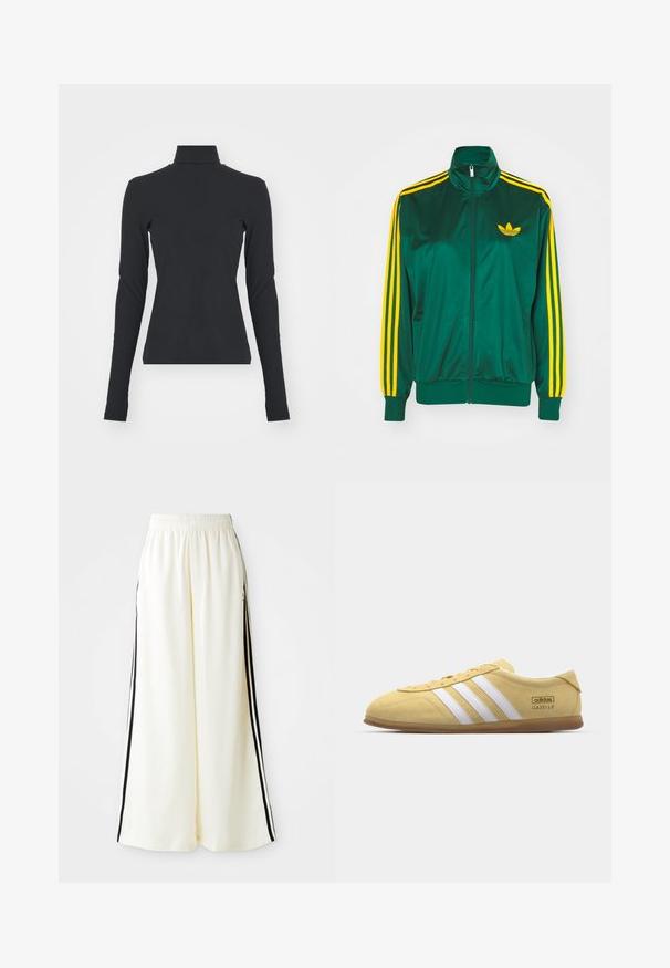 Groene satijnen trainingsjack, met rits aan de voorkant, hoge kraag, gele drie-strepen design op de mouwen en een klein geel logo op de borst.; Zwarte geribbelde coltrui met lange mouwen, nauwsluitende pasvorm, gladde textuur en subtiele rek, ontworpen voor comfort en laagjes.; Witte wijde broek met elastische tailleband en zwarte verticale strepen langs de buitennaad.; adidas Originals GAZELLE LO PRO W - Sneakers laag - almost yellow/footwear white