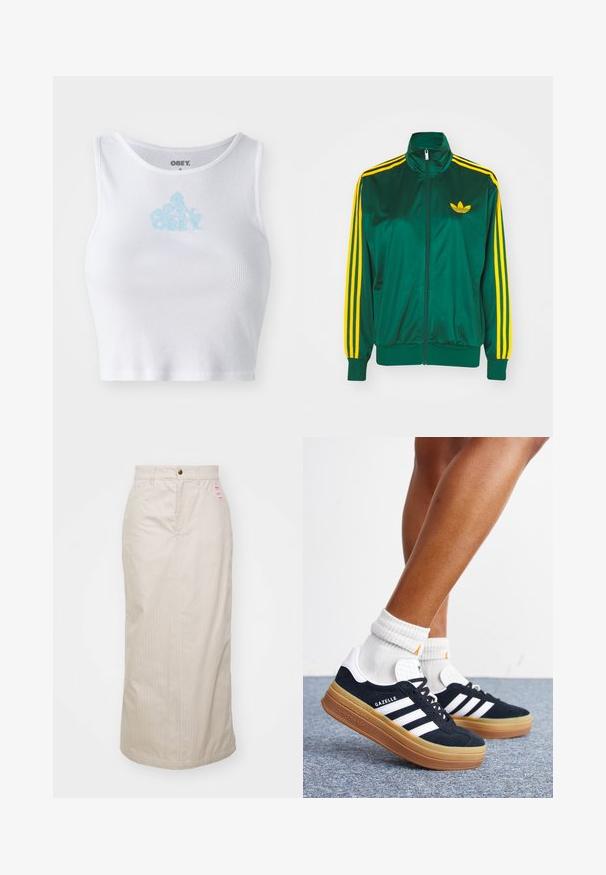 Veste de survêtement en satin vert, fermeture éclair devant, col haut, design à trois rayures jaunes sur les manches, et un petit logo jaune sur la poitrine.; Crop top blanc à côtes avec un col rond et un logo "OBEY" bleu clair centré sur la poitrine. Texture lisse et design ajusté.; Jupe beige à rayures, taille haute, avec fermeture éclair dissimulée et bouton en métal. Inclut une petite étiquette de marque sur le devant.; Jambes portant des chaussettes blanches et des baskets Adidas Gazelle noires avec des bandes blanches et des semelles épaisses marron sur un sol recouvert de moquette grise.