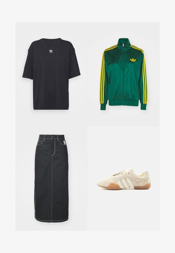 Veste de survêtement en satin vert, fermeture éclair devant, col haut, design à trois rayures jaunes sur les manches, et un petit logo jaune sur la poitrine.; T-shirt en coton noir à manches courtes, col rond, avec un logo Adidas blanc sur la poitrine. Design simple, coupe décontractée.; Jupe midi en denim noir avec des rayures verticales blanches. Dotée d'une taille à boutons, de deux poches avant et de coutures contrastées. Design à coupe droite.; Baskets beige profil bas avec trois bandes blanches, panneaux latéraux en suède texturé, semelle en gomme et fermeture à lacets sur fond uni.