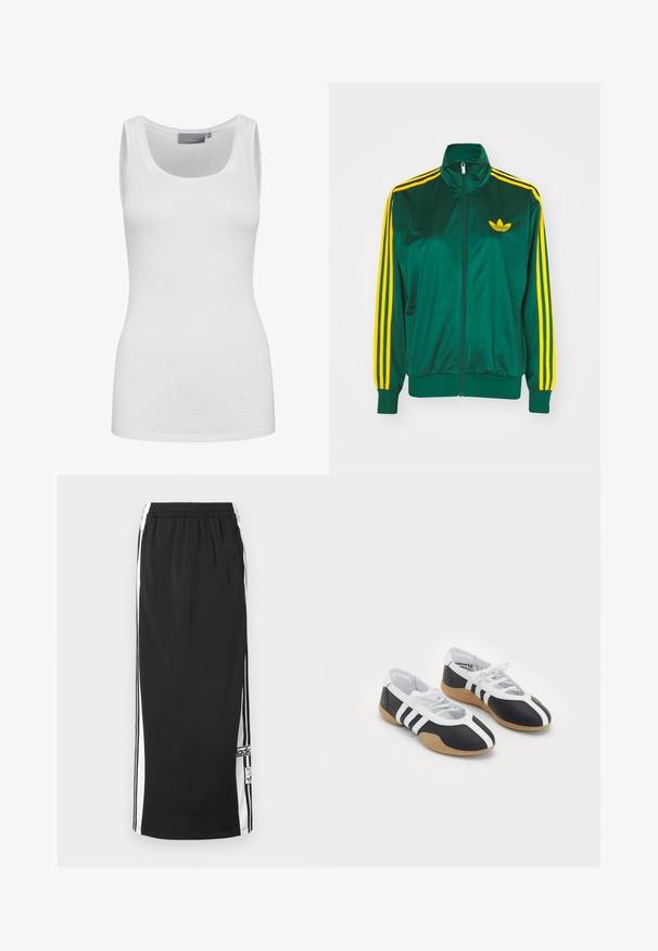 Groene satijnen trainingsjack, met rits aan de voorkant, hoge kraag, gele drie-strepen design op de mouwen en een klein geel logo op de borst.; Witte tanktop van zacht, elastisch materiaal met een ronde halslijn en smalle schouderbanden. Kenmerken zijn een gladde textuur en een aansluitend ontwerp.; Zwarte lange sportieve rok met witte zijpanelen en zwarte strepen, elastische tailleband en Adidas logo patch nabij de onderzoom.; Zwart-witte sport schoenen met een slank ontwerp, rubberen zool, vetersluiting en drie witte strepen aan de zijkanten.