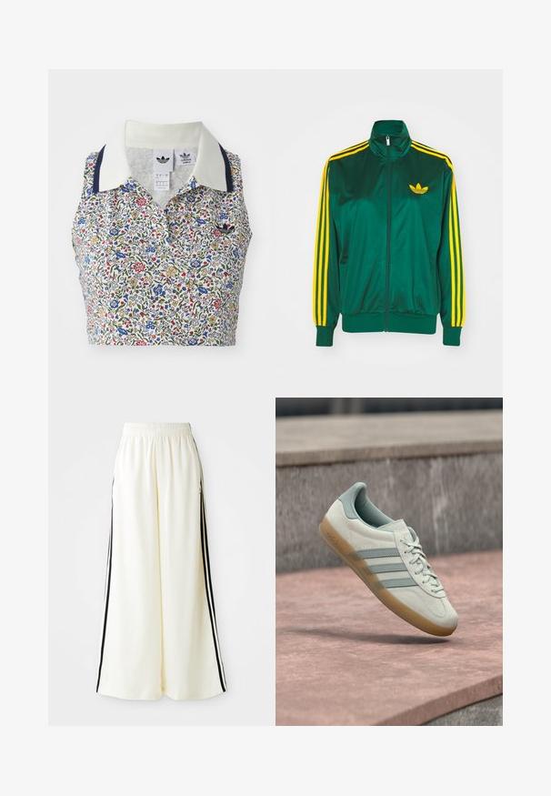 Chaqueta de pista satinada verde, con cremallera en la parte delantera, alto cuello, diseño de tres rayas amarillas en las mangas y un pequeño logo amarillo en el pecho.; Top de cultivo floral con base blanca decorada con flores azules, rojas y amarillas. Incluye un cuello blanco con acentos en azul marino y un logo bordado.; Pantalones anchos blancos con cintura elástica y rayas verticales negras a lo largo de las costuras exteriores.; Zapatilla de ante beige claro con detalles azules, que presenta tres rayas laterales, una suela de goma texturizada y cordones planos. Nombre del modelo "Gazelle" visible.