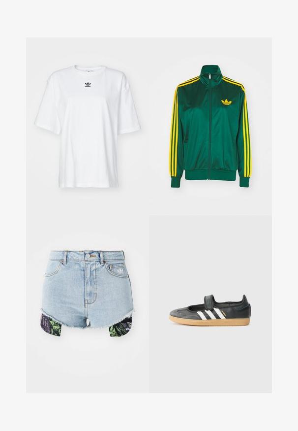Grøn satin trackjakke, lynlåsfortil, høj krave, gul tre-stripes design på ærmerne og et lille gult logo på brystet.; Hvid kortærmet t-shirt lavet af bomuld. Har en rund halsudskæring og et lille sort Adidas-logo på brystet. Lige skåret kant.; Denimshorts i lyseblå farve med en frynset kant og farverigt mønstret stof på siderne, der viser urbane billeder og teksturer.; Sort læder- og ruskinds sneakers med en Velcro-rem, der har tre hvide striber og en gummisål, mærket "SAMBA" på siden.