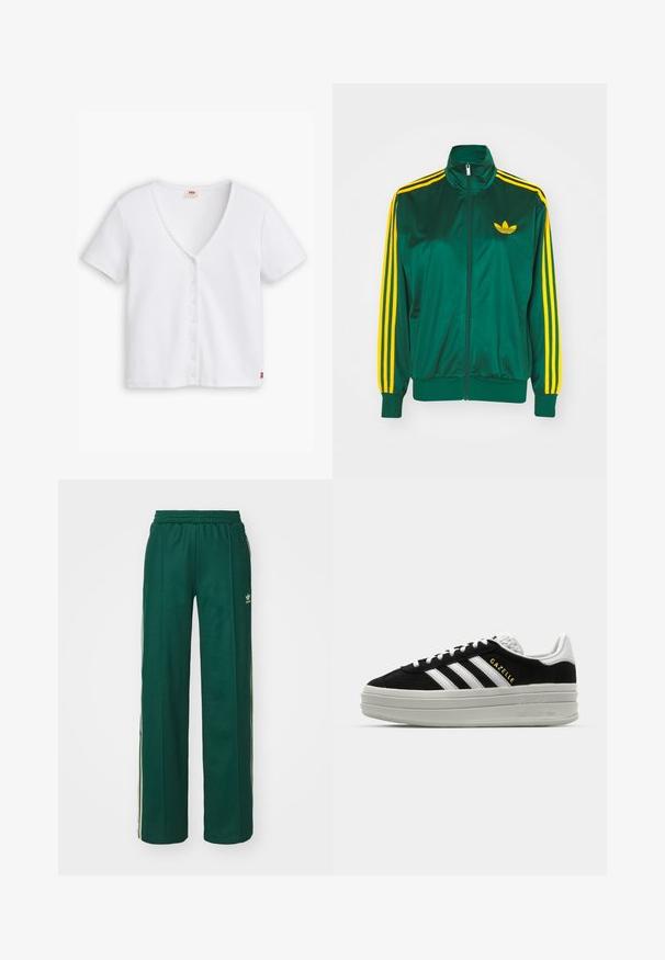 Chaqueta de pista satinada verde, con cremallera en la parte delantera, alto cuello, diseño de tres rayas amarillas en las mangas y un pequeño logo amarillo en el pecho.; Top blanco de manga corta con cuello en V profundo, que presenta una fila de seis botones en la parte delantera y un pequeño logo rojo en el dobladillo.; Pantalones deportivos de color verde oscuro con un corte relajado, que cuentan con una cintura con cordón, bolsillos laterales y franjas color crema a lo largo de los costados.; Zapatillas negras de ante con detalles en cuero blanco, tres rayas blancas, cordones planos y una gruesa suela de plataforma gris. Marca "Gazelle" en dorado.