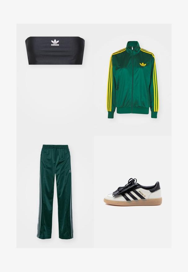 Groene satijnen trainingsjack, met rits aan de voorkant, hoge kraag, gele drie-strepen design op de mouwen en een klein geel logo op de borst.; Zwarte bandeau-top van soepel stof, met het witte Adidas-logo gecentreerd aan de voorkant, zonder extra patronen of versieringen.; Donkergroene sportbroeken van glanzend materiaal, met zijstrepens in lichtgrijs en een geborduurd logo op het linkerbeen.; Witte en zwarte Adidas Spezial sneaker met een gumzool, zwarte strepen en een zwarte veterhoes op een effen lichte achtergrond.