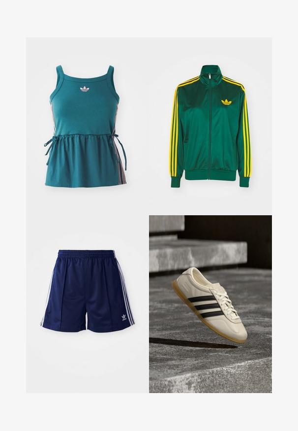 Veste de survêtement en satin vert, fermeture éclair devant, col haut, design à trois rayures jaunes sur les manches, et un petit logo jaune sur la poitrine.; Haut sans manches teal avec taille froncée, rayures latérales roses et logo brodé. Fabriqué en matériau doux avec une coupe décontractée et des accents à nouer.; Shorts de sport navy en tissu léger, avec des rayures blanches sur les côtés et un logo brodé en bas à gauche. Taille élastique.; Baskets blanches avec des bandes noires et une semelle en gomme flottant au-dessus d’escaliers en béton dans une lumière douce du jour.