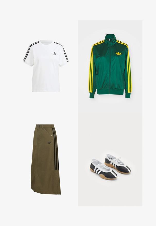 Grüne Satin-Trainingsjacke, mit Reißverschluss vorne, hohem Kragen, gelbem Drei-Streifen-Design an den Ärmeln und kleinem gelben Logo auf der Brust.; Weißes Baumwoll-T-Shirt mit kurzen Ärmeln, Rundhalsausschnitt und schwarzen vertikalen Streifen an den Schultern, mit einem kleinen schwarzen Logo auf der Brust.; Olivgrüner langer Rock mit seitlichen Taschen, schwarzem Adidas-Logo und drei schwarzen Streifen, die vertikal an einer Seite verlaufen.; Schwarz-weiße Sportschuhe mit einem eleganten Design, Gummisohle, Schnürverschluss und drei weißen Streifen an den Seiten.