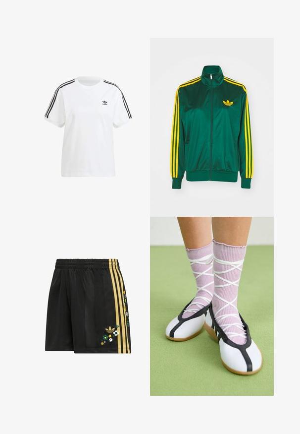 Grüne Satin-Trainingsjacke, mit Reißverschluss vorne, hohem Kragen, gelbem Drei-Streifen-Design an den Ärmeln und kleinem gelben Logo auf der Brust.; Weißes Baumwoll-T-Shirt mit kurzen Ärmeln, Rundhalsausschnitt und schwarzen vertikalen Streifen an den Schultern, mit einem kleinen schwarzen Logo auf der Brust.; Schwarze Sportshorts mit elastischem Bund, mit drei goldenen Streifen an der Seite und Blumenstickerei in verschiedenen Farben.; Beine mit gerippten lavendelfarbenen Socken mit weißen überkreuzten Riemen, kombiniert mit weißen Ballettschuhen mit schwarzem Rand auf grünem Boden.