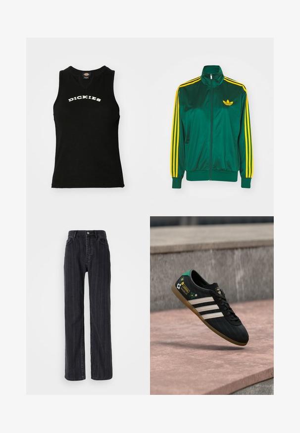 Chaqueta de pista satinada verde, con cremallera en la parte delantera, alto cuello, diseño de tres rayas amarillas en las mangas y un pequeño logo amarillo en el pecho.; Top sin mangas negro con textura acanalada, con un logotipo blanco curvado de "DICKIES" en el pecho y un diseño de escote en V.; Jeans de mezclilla negros de tiro alto con un patrón de rayas verticales, diseño de pierna recta y un cierre de botón metálico en la parte delantera.; Zapatilla deportiva negra con rayas blancas, parte superior con estampado que presenta detalles florales y un talón verde. Suela de goma que proporciona tracción.