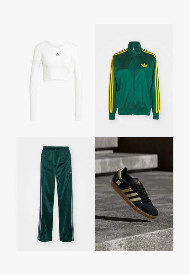 Groene satijnen trainingsjack, met rits aan de voorkant, hoge kraag, gele drie-strepen design op de mouwen en een klein geel logo op de borst.; Witte, korte lange mouw shirt van ribstof katoen. Heeft een ronde hals en een klein zwart Adidas-logo op de borst.; Donkergroene sportbroeken van glanzend materiaal, met zijstrepens in lichtgrijs en een geborduurd logo op het linkerbeen.; Zwarte leren sneaker met gouden strepen en bloemenborduursel. Voorzien van een gumzool, ronde neus en veters aan de voorkant. Merknaam "SAMBA" zichtbaar.