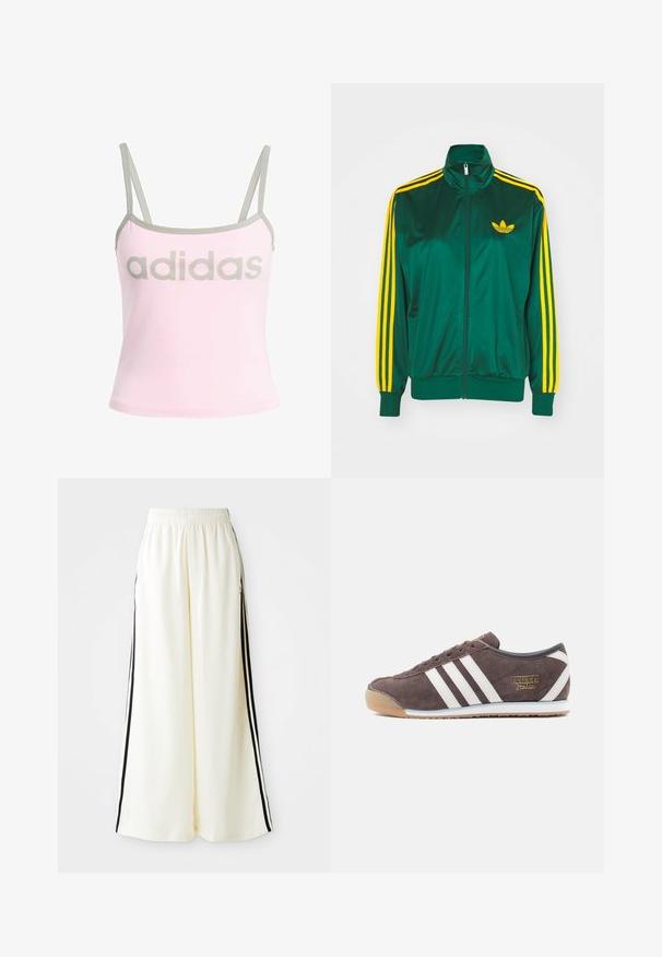 Roheline satiinist spordijakk, lukuga ees, kõrge kaelus, kollased kolm triipu disainis varrukatel ning väike kollane logo rinnal.; Hele roosa tank top hallide ääred ja reguleeritavad spagett-rihmad, millel on suur keskel hall "adidas" logo. Puuvillane materjal.; Valged laiad püksid, millel on elastne vöökoht ja mustad vertikaalsed triibud välisseintel.; Pruun seemisnahast toss, millel on kolm valget triipu, tekstureeritud välistald ja kuldsed logod. Omadused: madal kuju ja ümar nina.