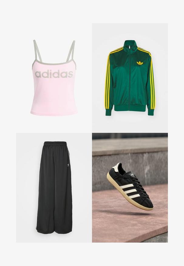 Groene satijnen trainingsjack, met rits aan de voorkant, hoge kraag, gele drie-strepen design op de mouwen en een klein geel logo op de borst.; Lichtroze tanktop met grijze details en verstelbare spaghettibandjes, met een groot, gecentreerd grijs "adidas" logo. Katoenen materiaal.; Zwarte, loszittende trainingsbroek van gladde stof. Voorzien van een elastische tailleband en zijstrepen met logo-accenten.; Zwarte Adidas sneaker met witte strepen en beige zool, vastgelegd in de lucht boven een stenen oppervlak en een stenen muur op de achtergrond.
