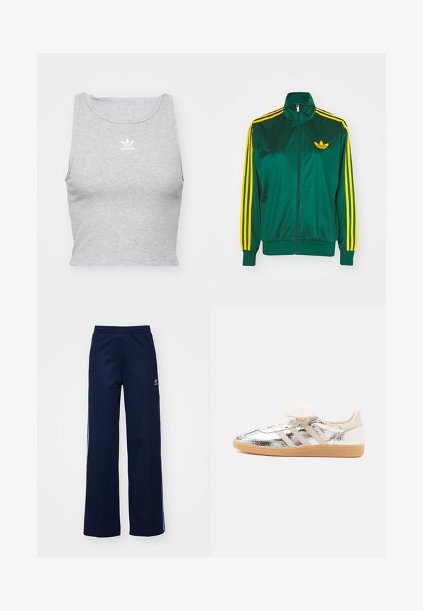 Grüne Satin-Trainingsjacke, mit Reißverschluss vorne, hohem Kragen, gelbem Drei-Streifen-Design an den Ärmeln und kleinem gelben Logo auf der Brust.; Graues, ärmelloses Crop-Top aus weichem Stoff, mit Rundhalsausschnitt und kleinem weißen Adidas-Logo auf der Brust.; Helleblaue Baumwollmischung Trainingshosen mit weit geschnittenem Design, elastischem Bund und Reißverschlusstaschen, mit weißen Seitenstreifen und Logodetails.; Niedriger Sneaker mit glänzend silbernem Obermaterial, beige drei Streifen, weiße Schnürsenkel und leicht braune Gummisohle, in Seitenansicht auf weißem Hintergrund gezeigt.