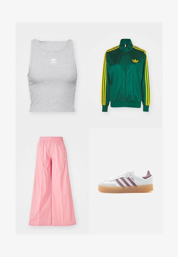 Grüne Satin-Trainingsjacke, mit Reißverschluss vorne, hohem Kragen, gelbem Drei-Streifen-Design an den Ärmeln und kleinem gelben Logo auf der Brust.; Graues, ärmelloses Crop-Top aus weichem Stoff, mit Rundhalsausschnitt und kleinem weißen Adidas-Logo auf der Brust.; Rosa weit geschnittene Hosen aus einem leichten Stoff, mit einem elastischen Bund und dezenten weißen Seitenstreifen. Kleines Logo auf der Vorderseite.; Weißer Sneaker mit niedrigem Schaft, brauner Gummisohle, mauvefarbenen Wildlederstreifen und Fersenakzenten, mit der Aufschrift "SAMBA" auf der Seitenpartie.
