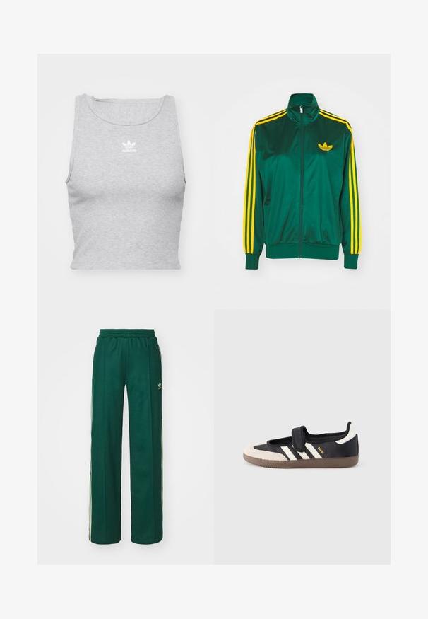 Groene satijnen trainingsjack, met rits aan de voorkant, hoge kraag, gele drie-strepen design op de mouwen en een klein geel logo op de borst.; Grijze, mouwloze crop top gemaakt van een zachte stof, met een ronde halslijn en een klein wit Adidas-logo op de borst.; Donkergroene sportbroek met een relaxte pasvorm, voorzien van een trekkoord in de taille, zijzakken en crèmekleurige strepen aan de zijkanten.; Zwart-beige sneaker met een klittenbandsluiting, drie witte strepen aan de zijkant en een getextureerde bruine rubberen zool. Merkembleem zichtbaar.
