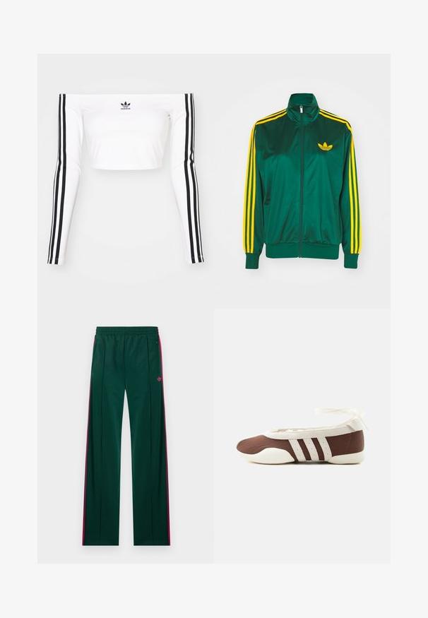 Chaqueta de pista satinada verde, con cremallera en la parte delantera, alto cuello, diseño de tres rayas amarillas en las mangas y un pequeño logo amarillo en el pecho.; Top corto blanco de manga larga y sin hombros en tejido elástico. Presenta acentos en negro con tres rayas en las mangas y un pequeño logo negro en el pecho.; Pantalones deportivos verde oscuro con rayas laterales rosas, bolsillos con cremallera, cintura elástica y pequeño logo rosa de Adidas en el lado derecho.; Zapato plano de ballet marrón y blanco con tres franjas blancas y lazo para atar en el tobillo sobre un fondo claro y sencillo.