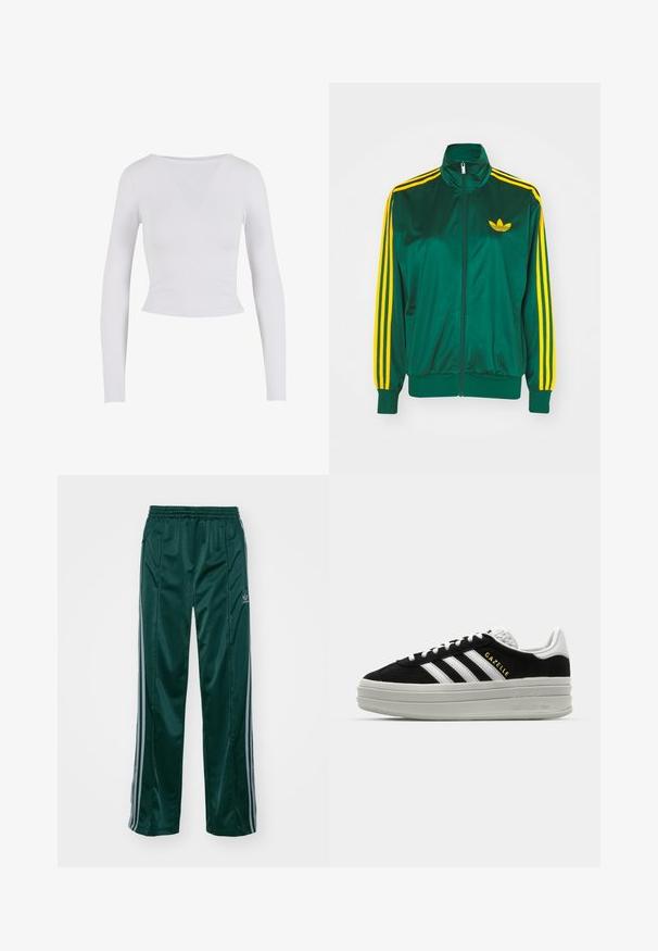 Chaqueta de pista satinada verde, con cremallera en la parte delantera, alto cuello, diseño de tres rayas amarillas en las mangas y un pequeño logo amarillo en el pecho.; Top corto de manga larga blanco con cuello redondo, hecho de una tela suave y elástica, que presenta un diseño ajustado y sin cierres visibles.; Pantalones deportivos de color verde oscuro, hechos de un material brillante, con franjas laterales en gris claro y un logotipo bordado en la pierna izquierda.; Zapatillas negras de ante con detalles en cuero blanco, tres rayas blancas, cordones planos y una gruesa suela de plataforma gris. Marca "Gazelle" en dorado.