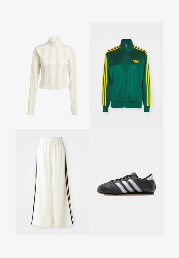 Groene satijnen trainingsjack, met rits aan de voorkant, hoge kraag, gele drie-strepen design op de mouwen en een klein geel logo op de borst.; Witte langesleeve zip-up top met hoge kraag, met subtiele verticale strepen en logo-accenten op de borst en mouw. Zachte stofstructuur.; Witte wijde broek met elastische tailleband en zwarte verticale strepen langs de buitennaad.; Zwarte leren sportschoen met witte strepen, ronde neus, platte zool en vetersluiting. Bevat perforaties voor ademend vermogen.