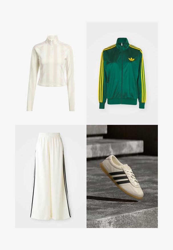 Grüne Satin-Trainingsjacke, mit Reißverschluss vorne, hohem Kragen, gelbem Drei-Streifen-Design an den Ärmeln und kleinem gelben Logo auf der Brust.; Weißes langärmliges Zip-Up-Oberteil mit hohem Kragen, das dezente vertikale Streifen und Logo-Akzente auf der Brust und dem Ärmeln aufweist. Weiche Stoffstruktur.; Weiße weite Hosen mit elastischem Bund und schwarzen vertikalen Streifen an den äußeren Nähten.; Weißer Sneaker mit schwarzen Streifen und Gummisohle schwebt über Betontreppen im sanften Tageslicht.