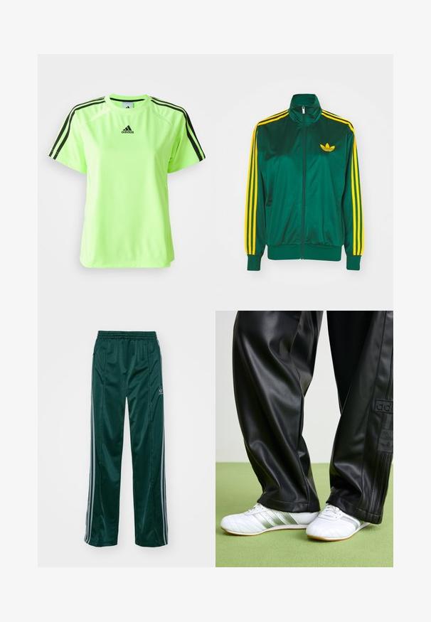 Chaqueta de pista satinada verde, con cremallera en la parte delantera, alto cuello, diseño de tres rayas amarillas en las mangas y un pequeño logo amarillo en el pecho.; Camiseta deportiva de color verde neón, fabricada con tejido que absorbe la humedad. Presenta un diseño de tres rayas negras en los hombros y un logo centrado en el pecho.; Pantalones deportivos de color verde oscuro, hechos de un material brillante, con franjas laterales en gris claro y un logotipo bordado en la pierna izquierda.; Pantalones de cuero sintético negros con un corte holgado, que presentan una textura suave y franjas laterales. Combinados con zapatillas blancas con detalles plateados.