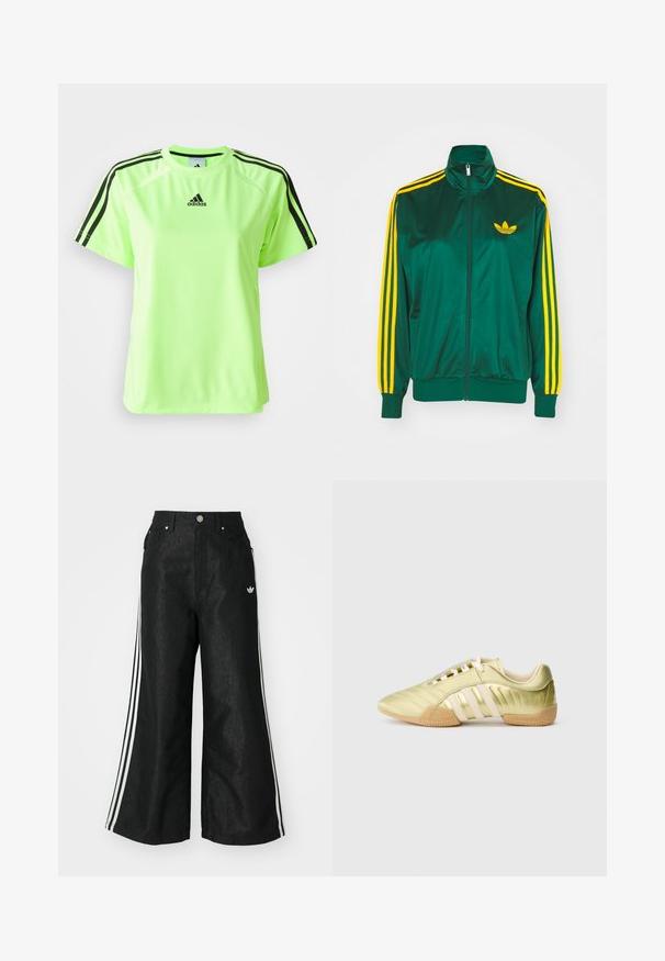 Chaqueta de pista satinada verde, con cremallera en la parte delantera, alto cuello, diseño de tres rayas amarillas en las mangas y un pequeño logo amarillo en el pecho.; Camiseta deportiva de color verde neón, fabricada con tejido que absorbe la humedad. Presenta un diseño de tres rayas negras en los hombros y un logo centrado en el pecho.; Pantalones de denim anchos y negros con tres franjas blancas en cada lado y un pequeño logo blanco. Cuenta con bolsillos frontales y un cierre de botón.; Zapatilla deportiva sintética de color verde lima con una textura suave, que presenta tres franjas blancas, un forro interior suave y una suela exterior de goma texturizada.
