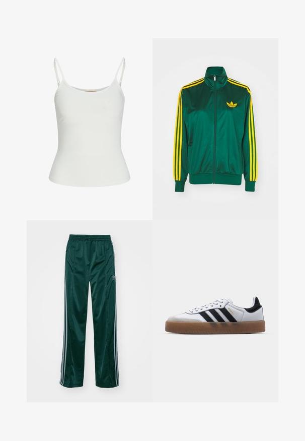 Grøn satin trackjakke, lynlåsfortil, høj krave, gul tre-stripes design på ærmerne og et lille gult logo på brystet.; Hvid ærmeløs top med justerbare stropper, tætsiddende design, glat stofstruktur og rund halsudskæring. Ingen mønstre eller hardware detaljer.; Mørkegrønne træningsbukser lavet af skinnende materiale, med sidelister i lys grå og et broderet logo på venstre ben.; Hvide lædersneakers med sorte striber, gummirubber sål, rund tå, snørelukning og blød grå ruskinds tåhætte.