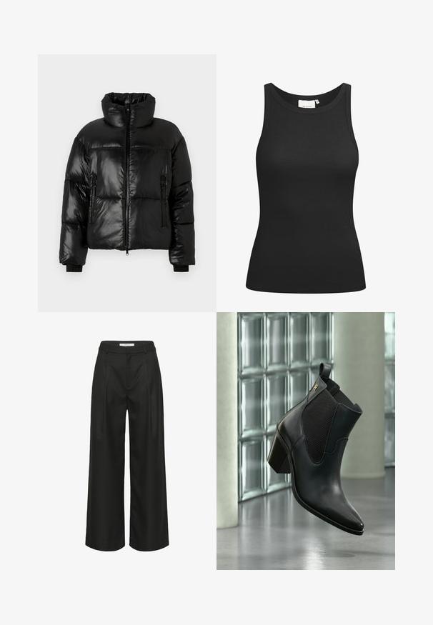Veste matelassée noire avec un col montant, une texture brillante, des poches zippées et des poignets élastiques. Design carré avec des panneaux cousus.; Débardeur noir en tissu côtelé, avec un décolleté en forme de rond et une coupe ajustée. Coutures plates et sans ornements. Design simple et épuré.; Pantalon noir à jambes larges avec une coupe ajustée, doté d'une taille haute, de plis à l'avant et d'une texture de tissu lisse. Convient pour une tenue formelle.; Bottine noire en cuir avec talon bloc et panneau latéral élastique, flottant à l'intérieur devant un mur en blocs de verre et un sol en béton.