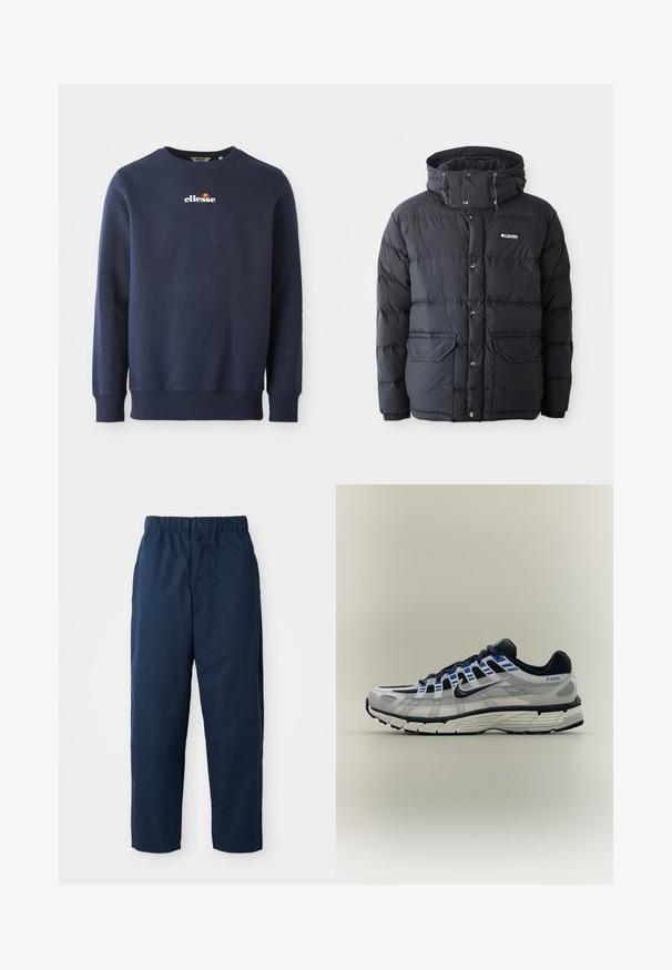 Schwarze Pufferjacke mit einer Kordelzugkapuze, Druckknopfverschluss, zwei Fronttaschen und gestepptem Design. Hergestellt aus wasserabweisendem Material.; Dunkelblaues Sweatshirt aus einem weichen Material, mit Rundhalsausschnitt und gerippten Bündchen. Gesticktes "ellesse"-Logo mit farbigen Akzenten.; Marineblaue Hose aus glattem Stoff mit elastischem Bund und Knopf, geraden Beinen und ohne sichtbare Muster oder Hardware.; Hellgrauer und schwarzer Nike-Laufschuh mit blauen Akzenten, weißer Sohle und "P-6000" Text an der Fersenseite.