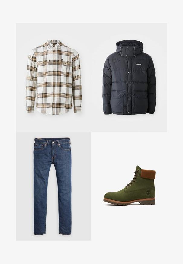 Schwarze Pufferjacke mit einer Kordelzugkapuze, Druckknopfverschluss, zwei Fronttaschen und gestepptem Design. Hergestellt aus wasserabweisendem Material.; Lee CLEAN WESTERN - Hemd - ecru ochre plaid; Dunkelblaue Denim-Jeans mit geradem Bein. Merkmale sind Vordertaschen, ein Metallknopfverschluss und kontrastierende gelbe Nähte.; Grüner Wildleder-Schnürstiefel mit braun gepolstertem Kragen, robuster Sohle und Timberland-Logo an der Seite.