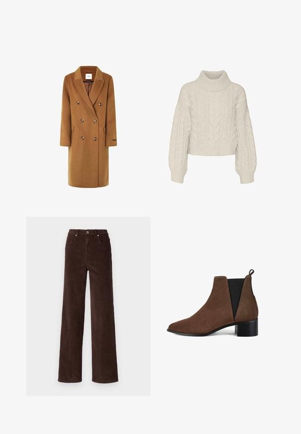 Abrigo de doble botonadura en mezcla de lana marrón, con cuello con muesca, dos bolsillos laterales y botones redondos en la parte delantera.; Vero Moda Knitted VMDREAM Knitted - Jersey de punto - birch; Vero Moda VMTESSA WIDE PANTS - Pantalones - chocolate torte; Botín de ante marrón hasta el tobillo con punta afilada, paneles laterales elásticos y un bajo tacón negro en bloque. Textura suave con costuras sin costura.