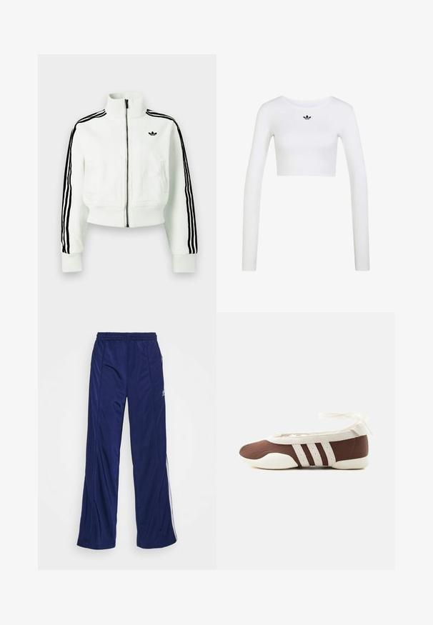 Veste blanche courte avec col montant, fermeture éclair à l'avant, accents de rayures noires sur les manches, et un petit logo noir sur la poitrine.; Haut court blanc à manches longues avec col rond et petit logo Adidas noir centré sous le col.; Pantalons de sport navy avec une taille élastique, jambes droites et zippers sur les côtés. Présente des passepoils blancs le long des côtés. Texture de tissu lisse.; Chaussure plate de ballet marron et blanche avec trois bandes blanches et un nœud à nouer à la cheville sur un fond clair uni.