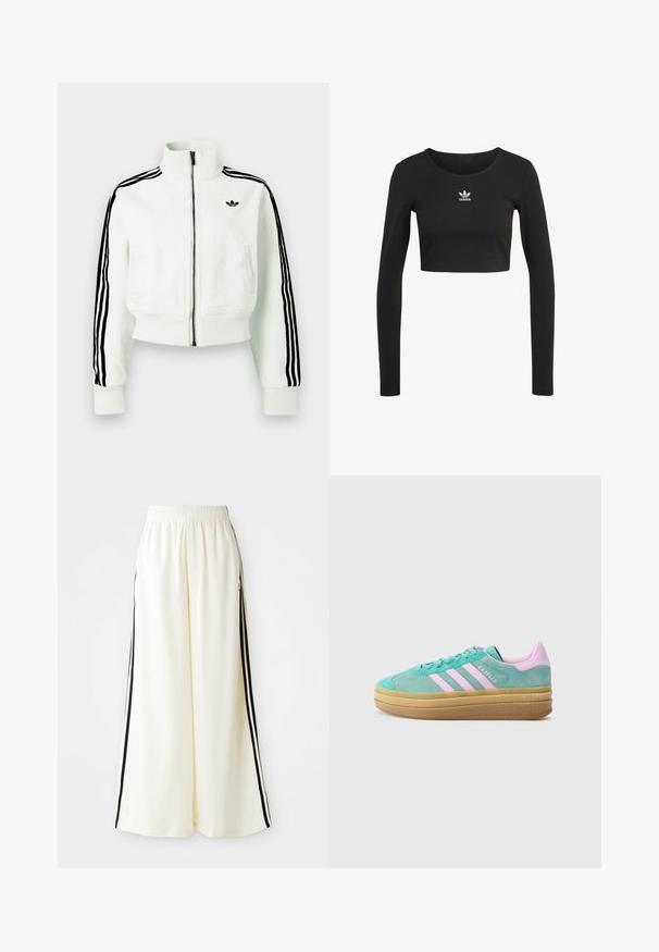 Hvid cropped jakke med høj krave, frontlynlås, sorte stribede detaljer på ærmerne og en lille sort logo på brystet.; Sort langærmet crop top lavet af ribbet stof med en rund halsudskæring; har et hvidt Adidas-logo centreret på brystet.; Hvide løse bukser med elastisk talje og sorte lodrette striber langs yderseams.; adidas Originals GAZELLE BOLD - Sneakers - powder teal/bliss lilac/pure teal