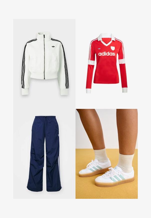 Hvid cropped jakke med høj krave, frontlynlås, sorte stribede detaljer på ærmerne og en lille sort logo på brystet.; Rød langærmet fodboldtrøje med hvid krave og manchetter. Har tre hvide striber på skuldrene og "adidas" logoet fremtrædende vist.; Marineblå, letvægtsbukser med elastik i taljen og snøre, med hvide sidelister og et lille logo foran. Løs pasform.; Hvite sneakers med mintgrønne striber, gummisål og snørebånd, parret med ribbede cremefarvede sokker. Sat mod en gul baggrund.