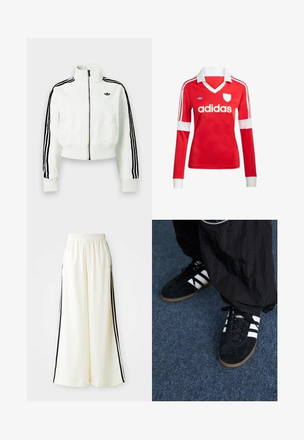 Biely krátky kabátik s vysokým golierom, predným zipsom, čiernymi prúžkami na rukávoch a malým čiernym logom na prsiach.; Červený futbalový dres s dlhým rukávom a bielym golierom a manžetami. Na ramenách sú tri biele pruhy a výrazne zobrazené logo "adidas".; Biele široké nohavice s elastickým pásom a čiernymi vertikálnymi pruhmi pozdĺž vonkajších švov.; Čierne roháčiky z semišu so tromi bielymi pruhmi a čiernymi šnúrkami. Texturované čierne nohavice sú čiastočne viditeľné vedľa topánok.