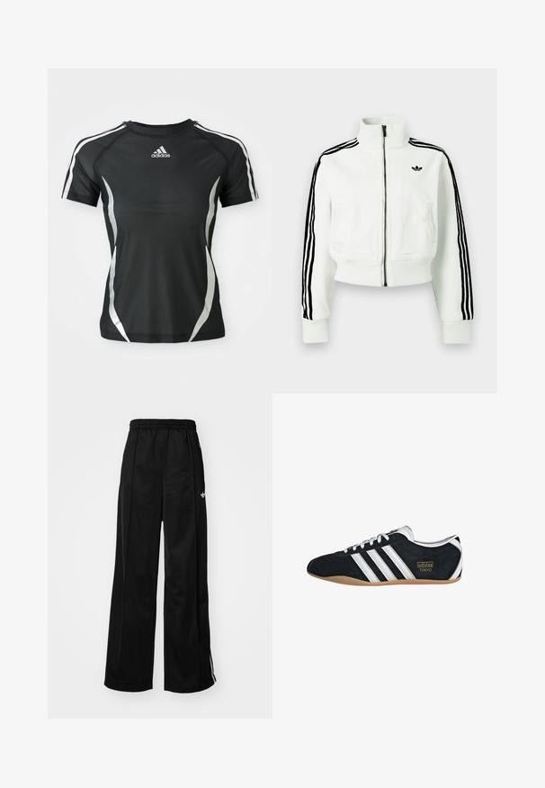 Biely krátky kabátik s vysokým golierom, predným zipsom, čiernymi prúžkami na rukávoch a malým čiernym logom na prsiach.; Čierne športové tričko Adidas s krátkym rukávom, s bielymi pruhmi na ramenách a striebornými zakrivenými akcentmi po stranách.; Čierne široké teplákové nohavice s elastickým pásom, s bielymi bočnými pruhmi a malým logom na ľavom boku. Hladký textil.; Čierne semišové tenisky s bielymi tromi pruhmi, zlatým logom a hnedou gumovou podrážkou. Disponujú nízkym šnurovacím dizajnom.
