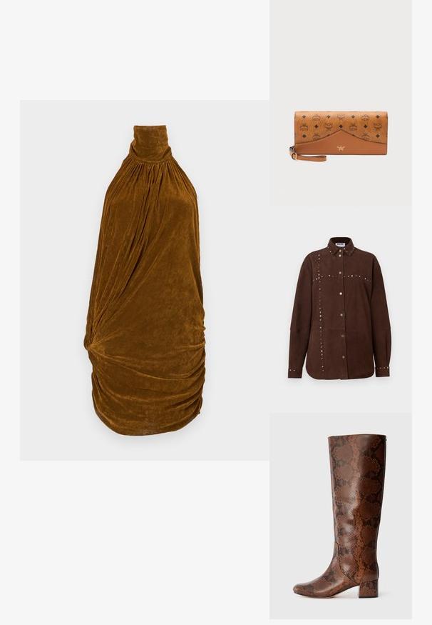 Chemise à manches longues en daim marron avec col pointu, clous dorés et argentés le long des coutures, boutons à l'avant et aux poignets, étiquette Moschino à l'intérieur du col.; Robe sans manches en velours marron avec un col montant froncé et des détails de drapé plissé sur le corsage et la jupe.; Botte marron jusqu'au genou avec un motif serpent noir, talon bloc et bout rond, présentée en profil sur un fond blanc uni.; Pochette bracelet en cuir marron avec logos noirs MCM, motifs en losange et un emblème doré sur un panneau avant bicolore.