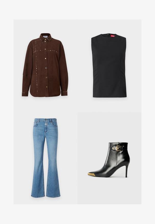 Brun ruskind langærmet skjorte med spids krave, guld- og sølvnitter langs sømmene, knapper foran og ved manchetter, Moschino-mærke inden i kraven.; Sort ærmeløs top med høj hals, frontnerver og en usynlig lynlås i ryggen. Lavet af glat stof med en struktureret pasform.; CLOSED JOVANNA - Jeans Bootcut - light blue; Sort ankelstøvle lavet af skinnende læder med spids tå, stilet hæl og guldfarvet hardware med en dekorativ spænde-detalje.
