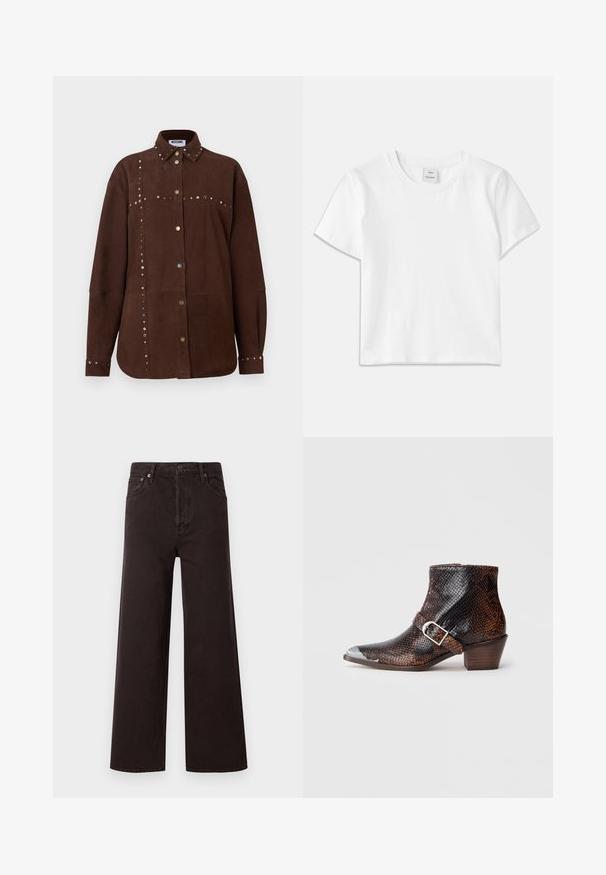 Chemise à manches longues en daim marron avec col pointu, clous dorés et argentés le long des coutures, boutons à l'avant et aux poignets, étiquette Moschino à l'intérieur du col.; T-shirt en coton blanc avec un col rond, des manches courtes et un ourlet droit. Étiquette marquée "Won Hundred" au centre de l'encolure.; Jean noir à jambes larges avec taille haute, fabriqué en denim. Dispose de cinq poches et d'une fermeture à bouton en métal, texture lisse et design classique.; Bottines à imprimé serpent noir et brun avec un embout en métal argenté, accent de boucle et un petit talon en bois. Texture lisse, design ajusté.