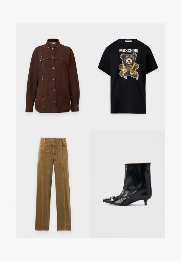Camisa de ante marrón de manga larga con cuello puntiagudo, tachuelas doradas y plateadas a lo largo de las costuras, botones en el frente y puños, etiqueta Moschino dentro del cuello.; Camiseta negra Moschino con un oso de peluche envuelto en una cinta métrica amarilla y blanca impresa debajo del nombre de la marca.; Pantalones de pana marrones con un diseño de pierna recta, que presentan bolsillos frontales y costuras visibles a lo largo de las uniones. Tejido texturizado con ribetes estrechos.; Bota de cuero negro para el tobillo con punta puntiaguda, tacón bajo tipo aguja y hebilla decorativa plateada en el lateral cerca de la punta.