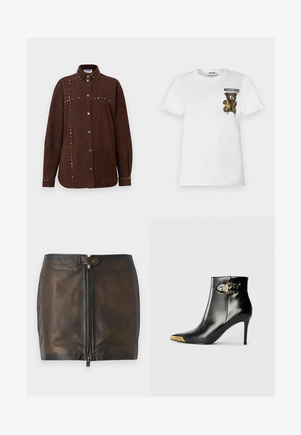 Brun ruskind langærmet skjorte med spids krave, guld- og sølvnitter langs sømmene, knapper foran og ved manchetter, Moschino-mærke inden i kraven.; Hvid t-shirt med korte ærmer med en lille brun teddybjørn indpakket i et gult målebånd og tekst "MOSCHINO" på øverste venstre bryst.; Sort læder mini-skjørt med lukning foran med lynlås, glat overflade og en smal talje. Har et lille metalaccent på taljen.; Sort ankelstøvle lavet af skinnende læder med spids tå, stilet hæl og guldfarvet hardware med en dekorativ spænde-detalje.