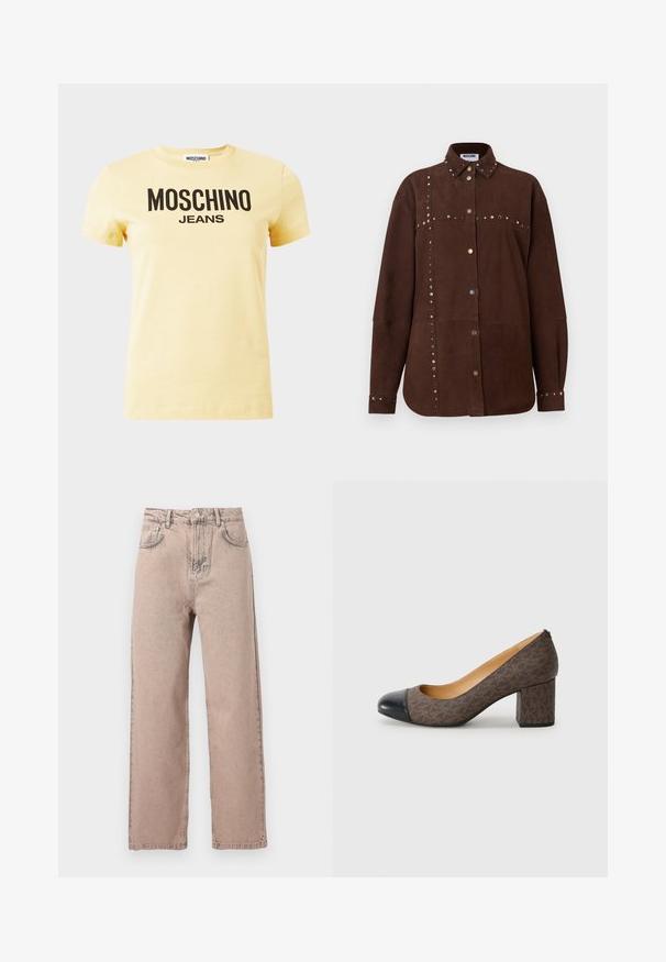 Chemise à manches longues en daim marron avec col pointu, clous dorés et argentés le long des coutures, boutons à l'avant et aux poignets, étiquette Moschino à l'intérieur du col.; T-shirt à manches courtes jaune clair avec le texte logo "MOSCHINO JEANS" en noir centré sur le devant, sur un fond uni.; Jean beige taille haute à jambes droites avec bouton frontal, passants pour ceinture et design classique à cinq poches sur fond uni.; Escarpin à talon haut marron à motifs avec un bout rond noir et un talon carré, présentant une texture lisse semblable à du cuir.